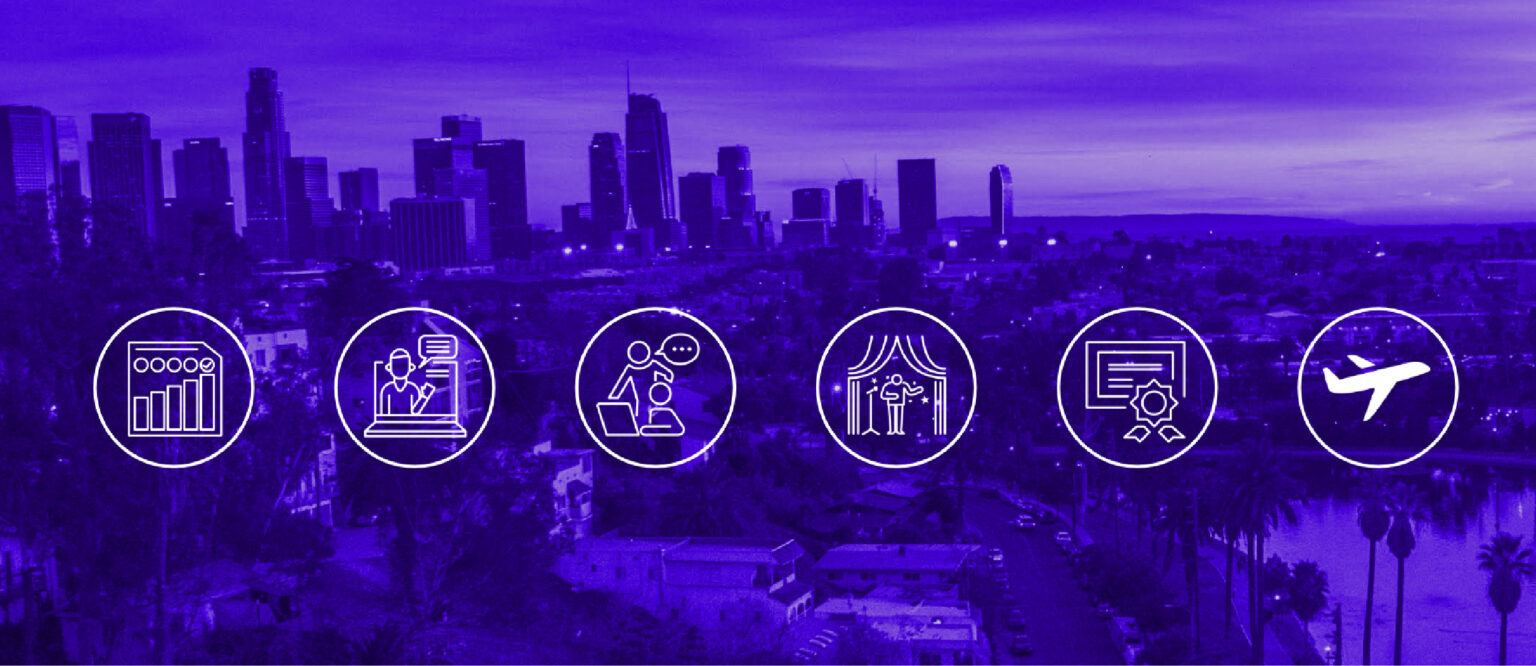 Los Angeles skyline with six round icons across it. Illustrating, performance workshops, presenting, achieving and rewarding. This image is licensed under the Creative Commons Attribution - Share Alike 4.0 International license.
